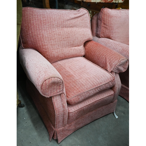 38 - # A pair of upholstered armchairs with scroll arms in dusky pink chenille fabric, 90 cm wide x 80 cm... 