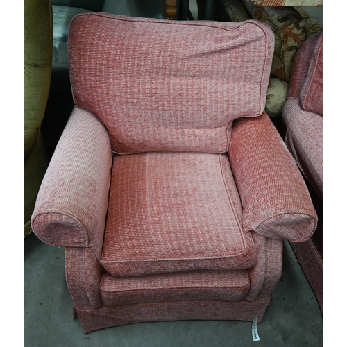 38 - # A pair of upholstered armchairs with scroll arms in dusky pink chenille fabric, 90 cm wide x 80 cm... 