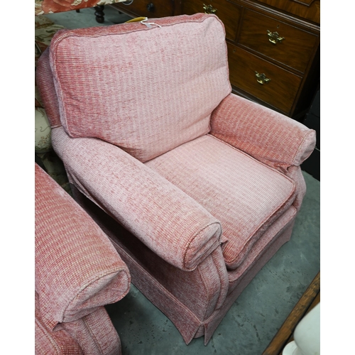 38 - # A pair of upholstered armchairs with scroll arms in dusky pink chenille fabric, 90 cm wide x 80 cm... 