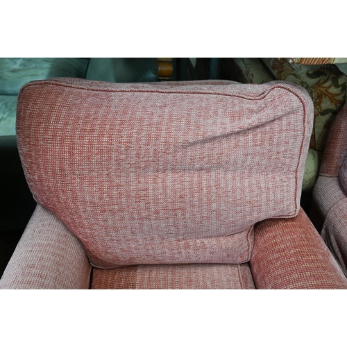 38 - # A pair of upholstered armchairs with scroll arms in dusky pink chenille fabric, 90 cm wide x 80 cm... 