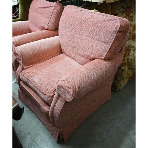 38 - # A pair of upholstered armchairs with scroll arms in dusky pink chenille fabric, 90 cm wide x 80 cm... 