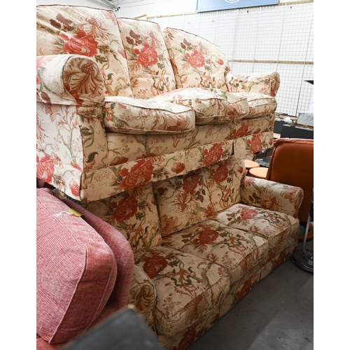 39 - # A pair of three seater scroll arm sofas in floral fabric, 190 cm wide x 80 x 80 cm high (2)