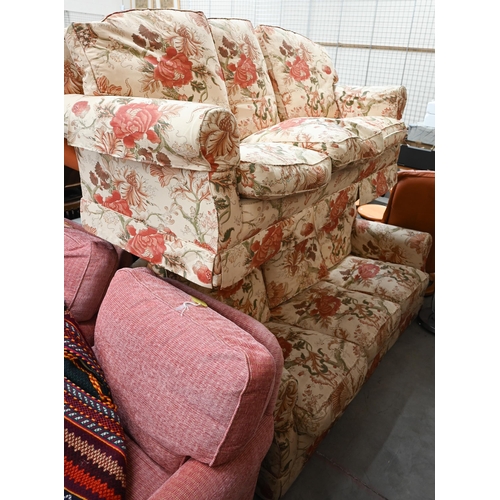 39 - # A pair of three seater scroll arm sofas in floral fabric, 190 cm wide x 80 x 80 cm high (2)