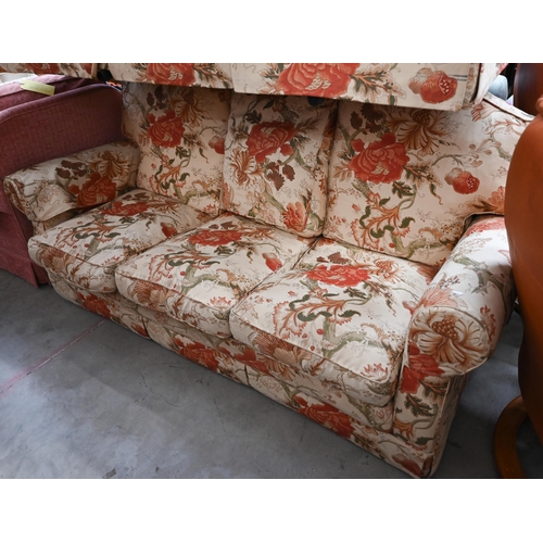 39 - # A pair of three seater scroll arm sofas in floral fabric, 190 cm wide x 80 x 80 cm high (2)