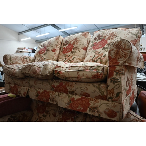 39 - # A pair of three seater scroll arm sofas in floral fabric, 190 cm wide x 80 x 80 cm high (2)