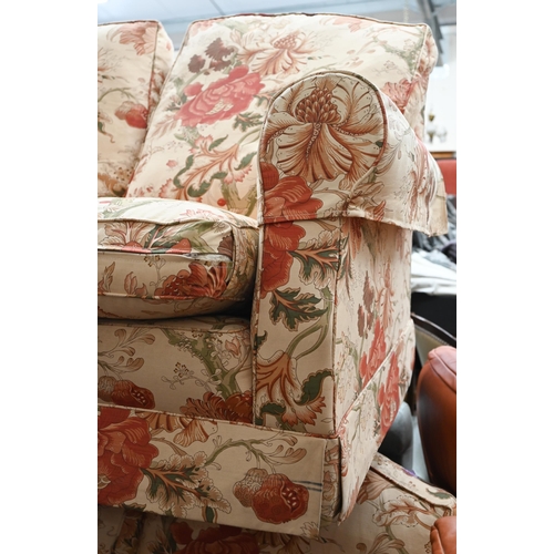 39 - # A pair of three seater scroll arm sofas in floral fabric, 190 cm wide x 80 x 80 cm high (2)