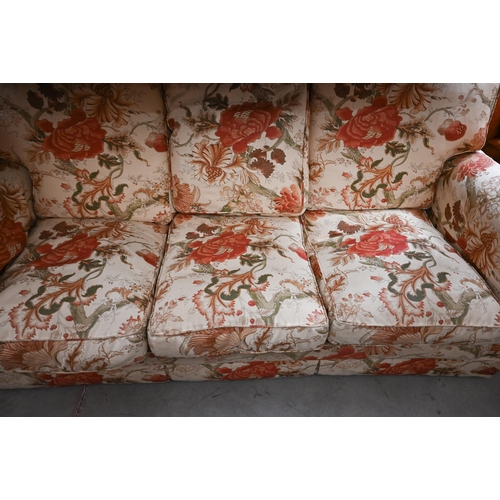 39 - # A pair of three seater scroll arm sofas in floral fabric, 190 cm wide x 80 x 80 cm high (2)