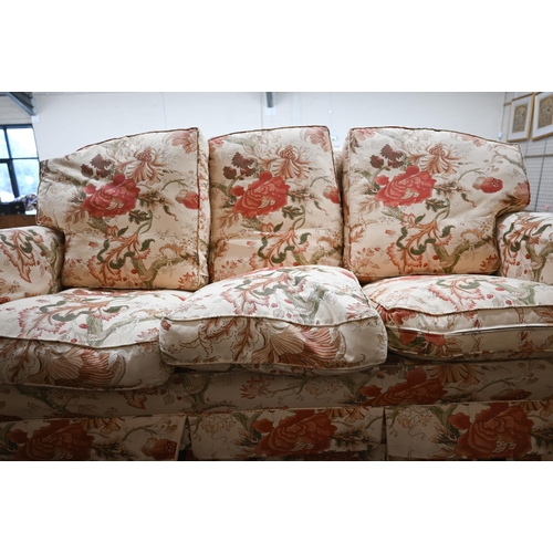 39 - # A pair of three seater scroll arm sofas in floral fabric, 190 cm wide x 80 x 80 cm high (2)