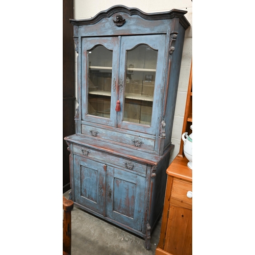 48 - A Continental kitchen dresser with distressed blue painted finish, glazed top with full width drawer... 