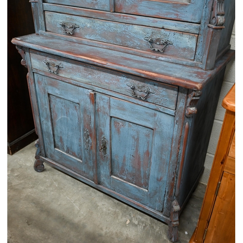 48 - A Continental kitchen dresser with distressed blue painted finish, glazed top with full width drawer... 