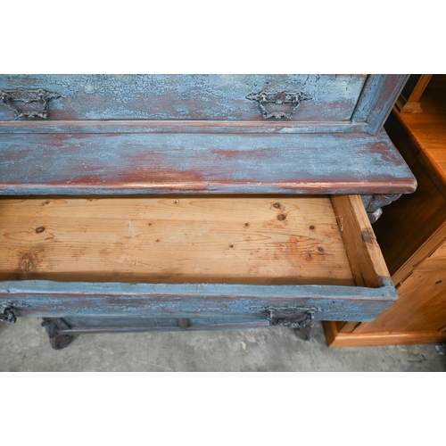 48 - A Continental kitchen dresser with distressed blue painted finish, glazed top with full width drawer... 