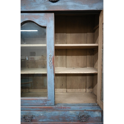 48 - A Continental kitchen dresser with distressed blue painted finish, glazed top with full width drawer... 