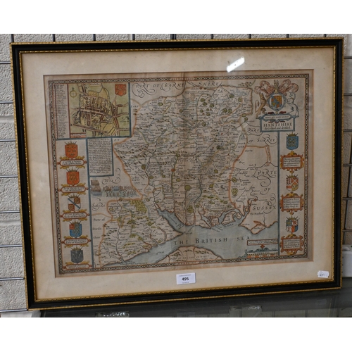 495 - A 17th century county map engraving after Jodocus Hondius, 'Hantshire' with text on reverse, framed ... 