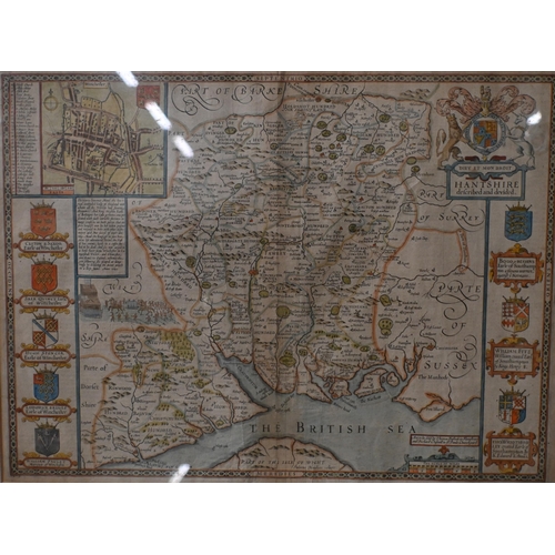 495 - A 17th century county map engraving after Jodocus Hondius, 'Hantshire' with text on reverse, framed ... 