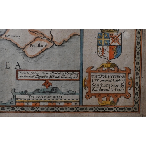 495 - A 17th century county map engraving after Jodocus Hondius, 'Hantshire' with text on reverse, framed ... 