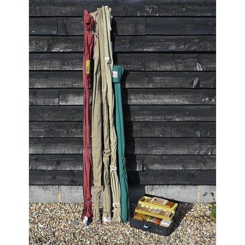 510 - Five various sea fishing rods with slips, to/w a wicker hamper/stool and a large quantity of tackle,... 