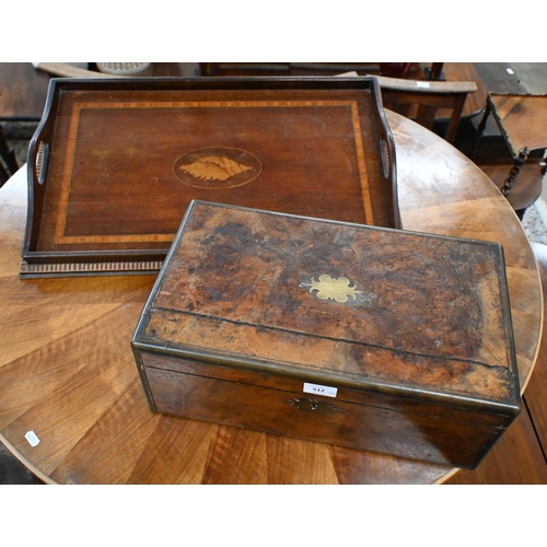 512 - An Edwardian inlaid mahogany galleried tray with oval marquetry shell medallion 66 x 42 cm to/w a br... 