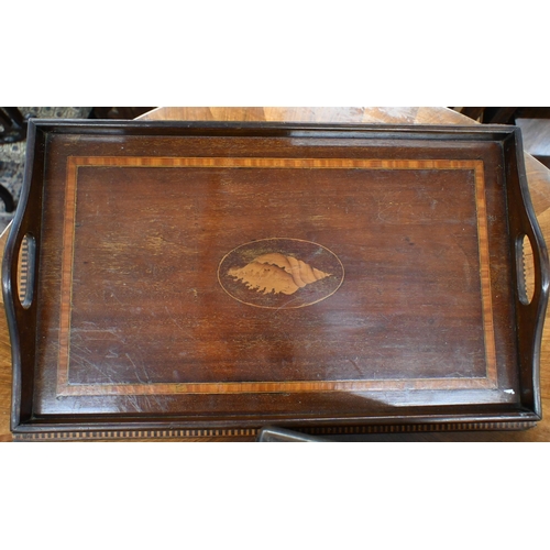 512 - An Edwardian inlaid mahogany galleried tray with oval marquetry shell medallion 66 x 42 cm to/w a br... 