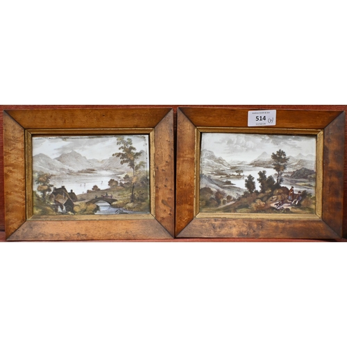 514 - A pair of early 19th century maple-framed ceramic plaques, printed with mountainous lake landscapes,... 