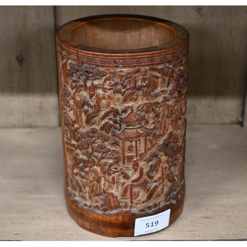 519 - A Cantonese carved bamboo bitong (brush-pot) with relief garden scene, figures and inscription, 18.5... 