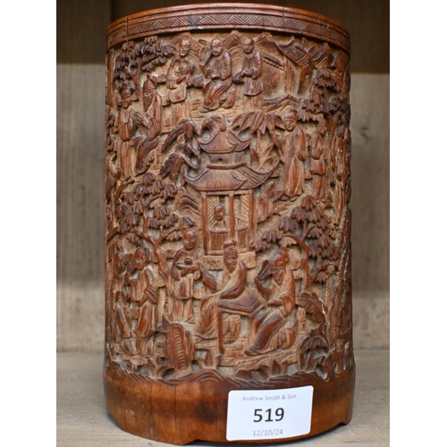 519 - A Cantonese carved bamboo bitong (brush-pot) with relief garden scene, figures and inscription, 18.5... 