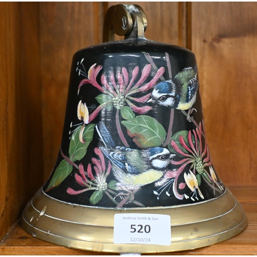 520 - A brass bell painted with blue tits amongst honeysuckle, signed indistinctly