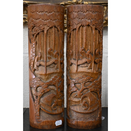 521 - Two Chinese carved bamboo bitong 46 cm high to/w a turned teak tobacco box and cover with brass reli... 