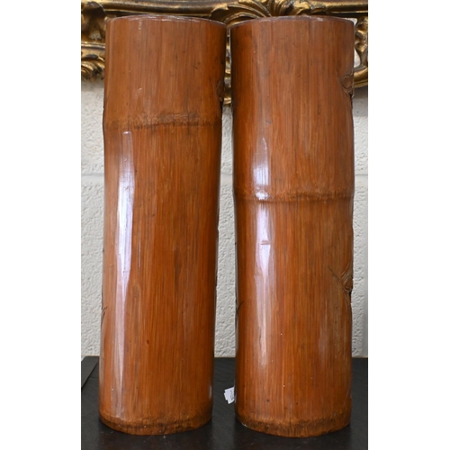 521 - Two Chinese carved bamboo bitong 46 cm high to/w a turned teak tobacco box and cover with brass reli... 