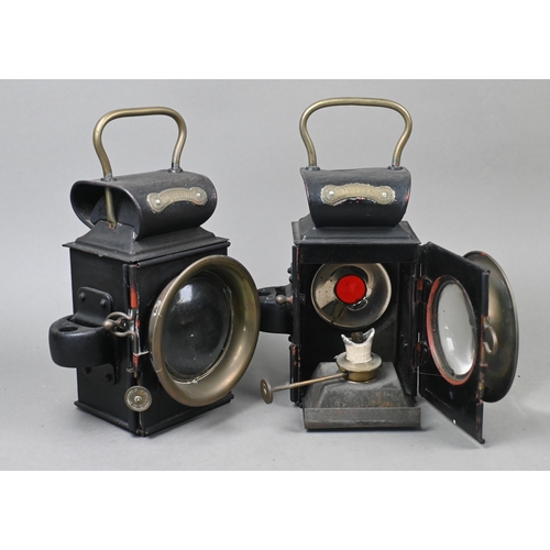 524 - Two Millers Patent veteran car-lamps with spirit burners, 23 cm high overall