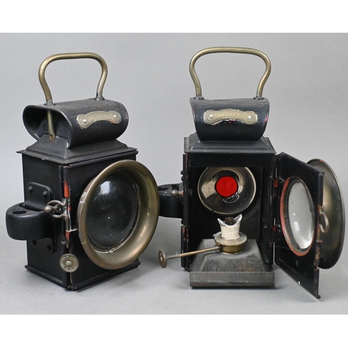 524 - Two Millers Patent veteran car-lamps with spirit burners, 23 cm high overall