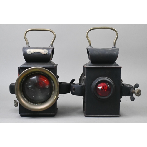 524 - Two Millers Patent veteran car-lamps with spirit burners, 23 cm high overall