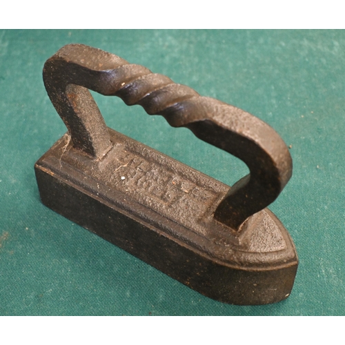 525 - A Falkirk 'hot brick' clothes-iron c/w iron insert, to/w a snooker-table iron, four flatirons, two i... 