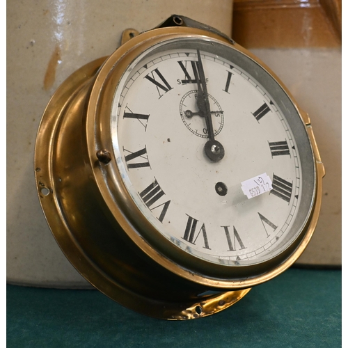 529 - A vintage brass-cased ship's bulkhead clock with 15cm dial to/w a French walnut and ebonised mantel ... 