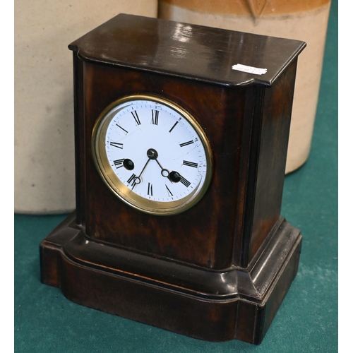 529 - A vintage brass-cased ship's bulkhead clock with 15cm dial to/w a French walnut and ebonised mantel ... 