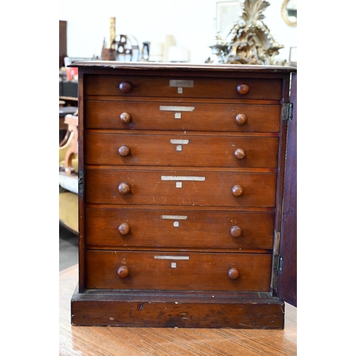 543 - A Victorian stained wood collector's chest of six shallow drawers enclosed by a glazed door, 45 x 38... 