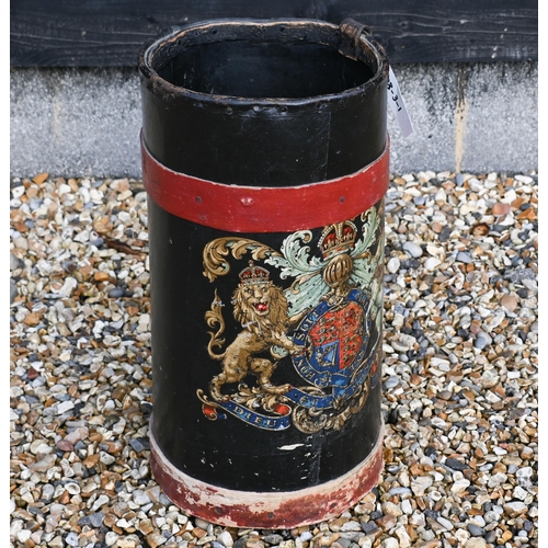 545 - A stick stand in the form of a cylindrical shot/powder bucket, with Royal Coat of Arms transfer 52 c... 