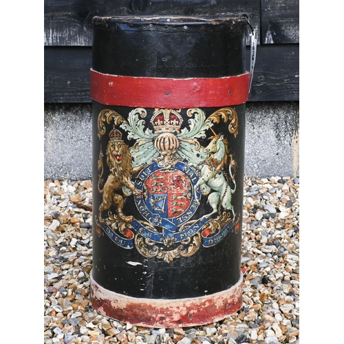 545 - A stick stand in the form of a cylindrical shot/powder bucket, with Royal Coat of Arms transfer 52 c... 