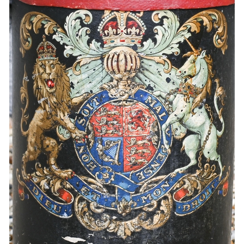 545 - A stick stand in the form of a cylindrical shot/powder bucket, with Royal Coat of Arms transfer 52 c... 