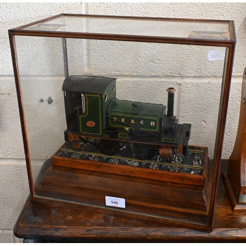 546 - A scratch-built painted card model locomotive in SECR livery, 15 x 25 cm, in glazed case