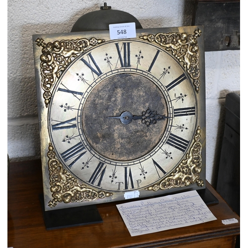 548 - An early 18th century 30-hour longcase clock movement, the brass dial with single hand, cast brass s... 