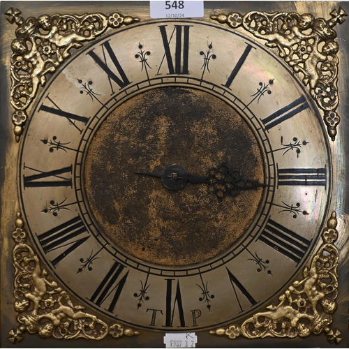 548 - An early 18th century 30-hour longcase clock movement, the brass dial with single hand, cast brass s... 