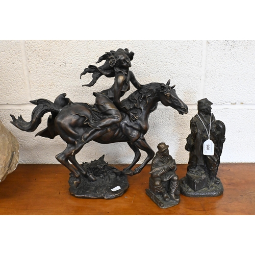 560 - A bronzed equestrian group 34 cm to/w two cold-cast bronze figures of pike fishermen (3)