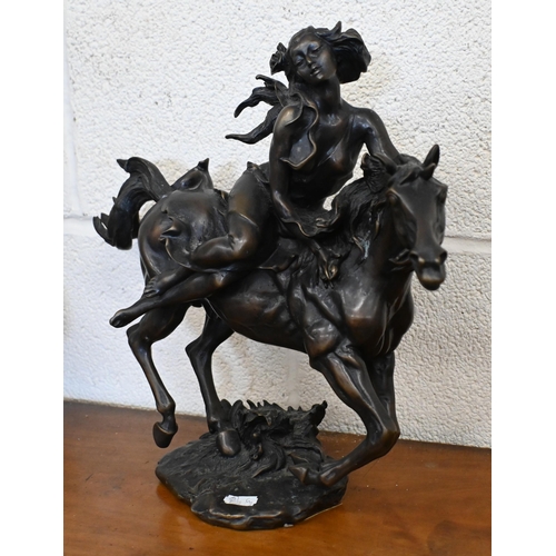 560 - A bronzed equestrian group 34 cm to/w two cold-cast bronze figures of pike fishermen (3)