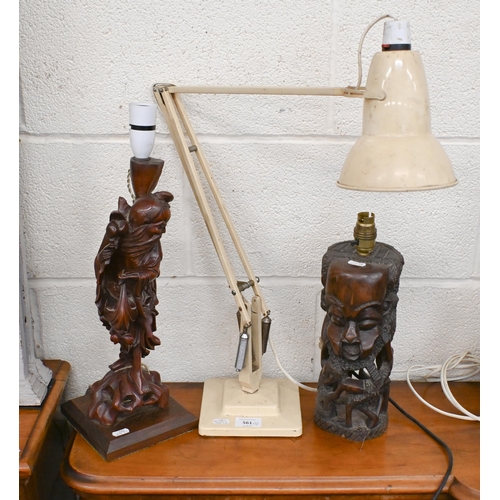 561 - A Chinese carved wood figural lamp to/w an African carved head lamp and a vintage metal anglepoise l... 