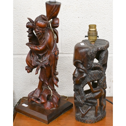 561 - A Chinese carved wood figural lamp to/w an African carved head lamp and a vintage metal anglepoise l... 