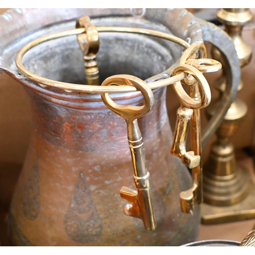 564 - A Victorian copper kettle, two Victorian pairs of brass baluster candlesticks, an Indian engraved co... 