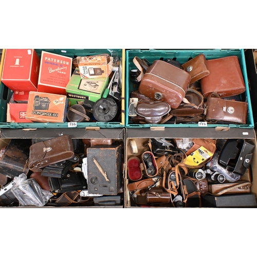 577 - A large quantity of antique, vintage and later cameras, dark-room equipment, leather cases and other... 