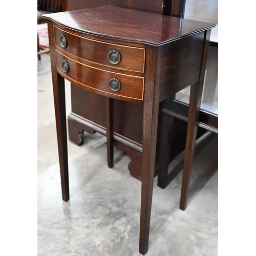 60 - A mahogany two drawer bowfront bedside table on square supports, 44 x 34 x 72 cm high to/w a painted... 