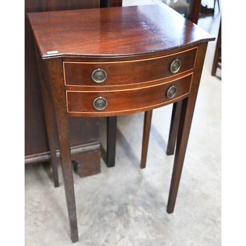 60 - A mahogany two drawer bowfront bedside table on square supports, 44 x 34 x 72 cm high to/w a painted... 