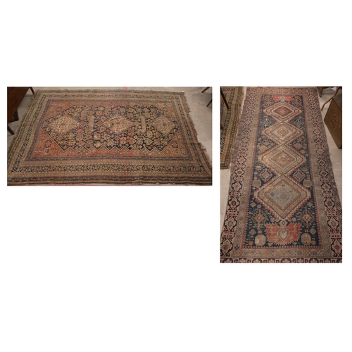 73 - An antique Persian Qashai kelleigh rug, stylised design on navy ground with repeating borders, 266 x... 